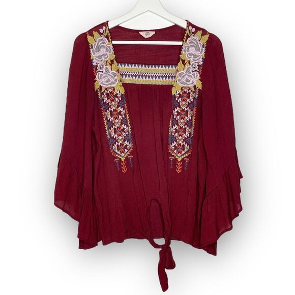 Entro Boho Embroidered Burgandy Flowy Peasant Blouse Women's Size Medium - Picture 1 of 10
